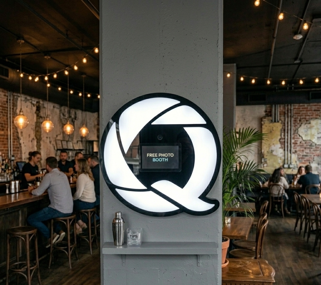 A QuickSnap booth wall-mounted in a bar venue, with stools and drinks at the bar below