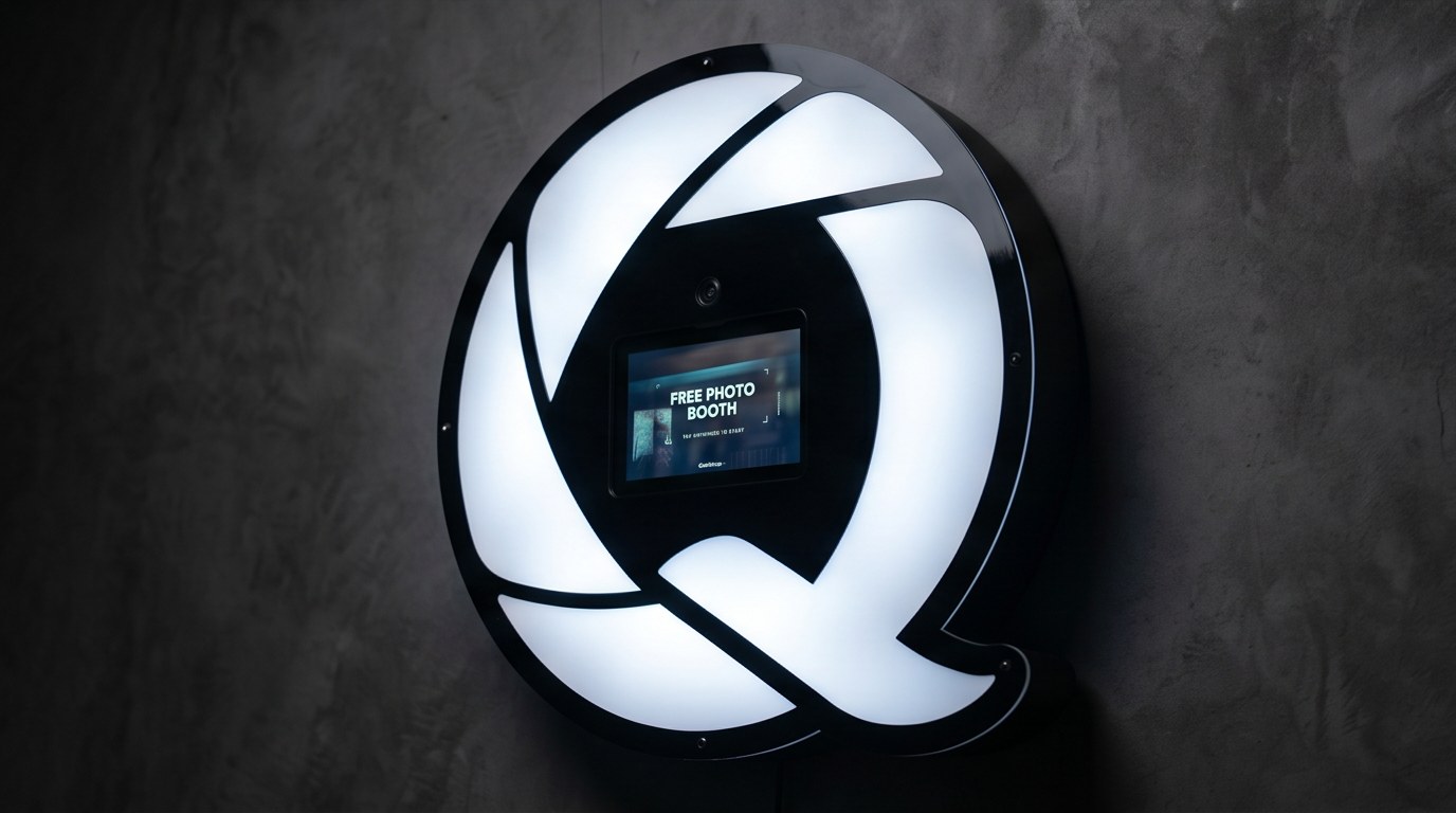 Three-quarter view of the QuickSnap booth wall-mounted on a concrete wall