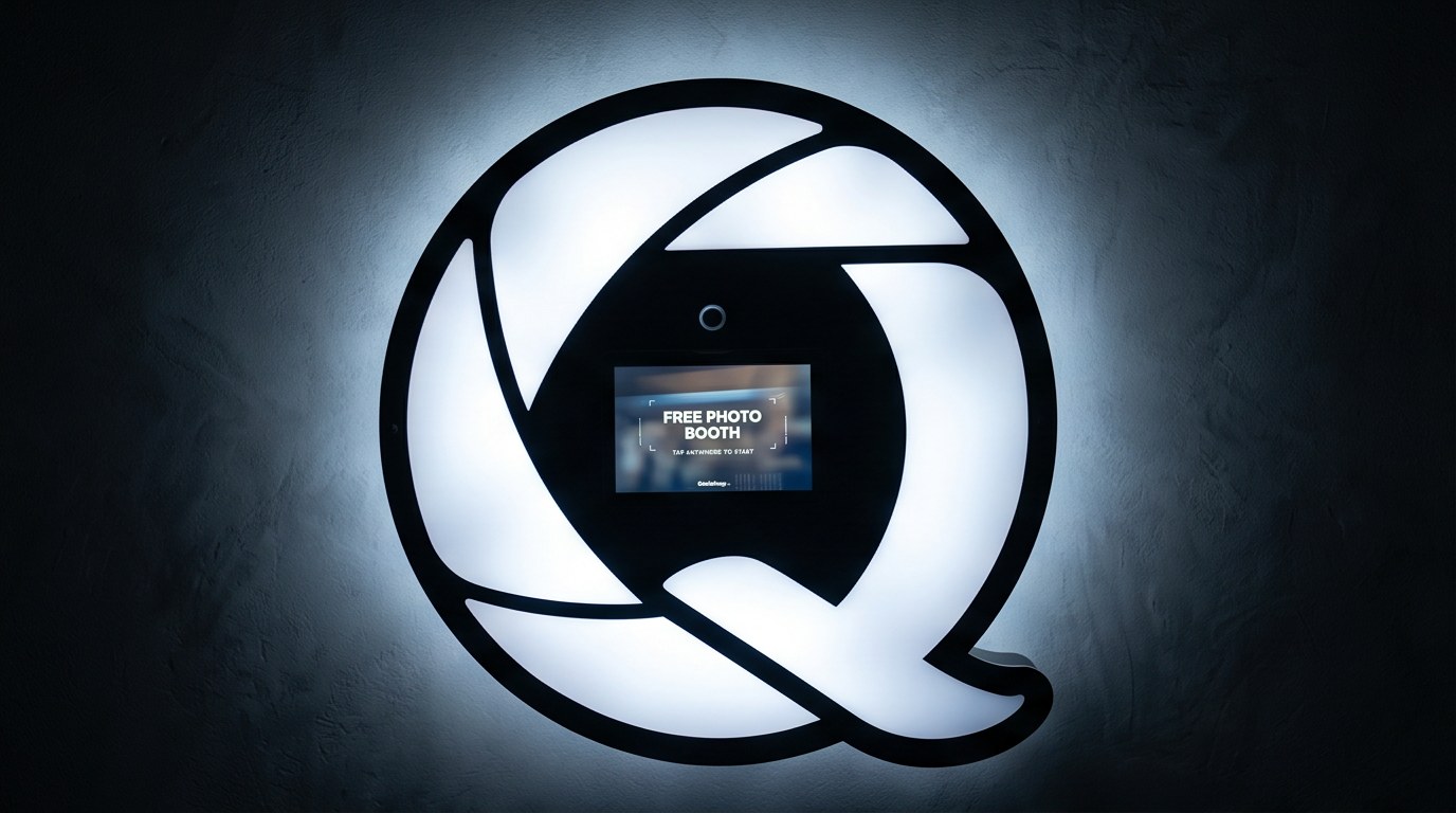 Front view of a QuickSnap booth glowing on a dark wall, showing the camera and Free Photo Booth screen