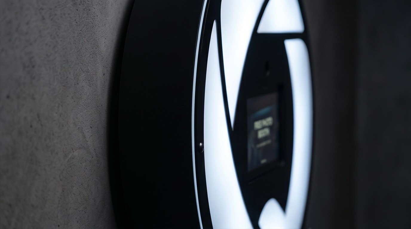Side profile of the QuickSnap booth showing its slim form against a concrete wall
